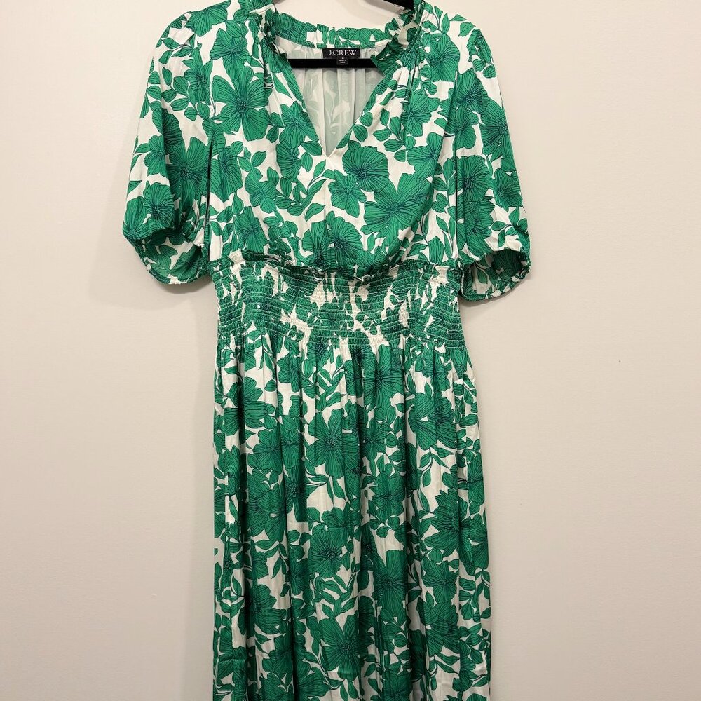 J.Crew White and Green Floral Smock Waisted V Neck Dress Midi – Size Medium